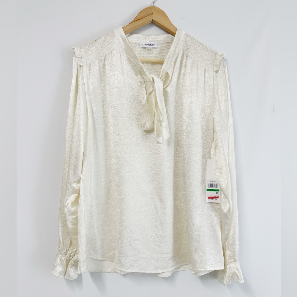 Calvin Klein Women's Textured Tie-Neck Ruffled Blouse Top Shirt Cream Size L